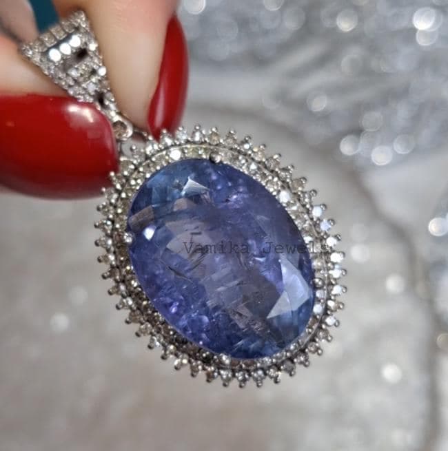 Natural Tanzanite Diamond Pendant, 925 Sterling Silver Diamond Statement Jewelry, Anniversary Gift