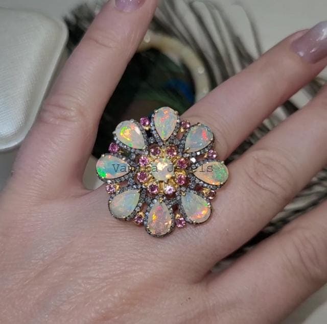 Natural Opal & Pink Tourmaline Flower Ring, Diamond Halo Gold Plated Sterling Silver Jewelry