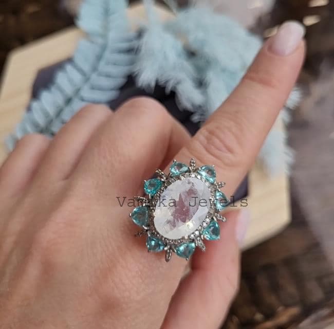 Natural Rainbow Moonstone & Diamond Halo Ring, Sterling Silver Apatite Cocktail Statement Jewelry