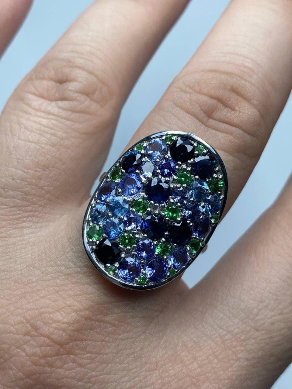 Natural Tanzanite Tsavorite Sapphire Cluster Ring, 925 Sterling Silver Statement Jewelry, Wedding Anniversary Gift