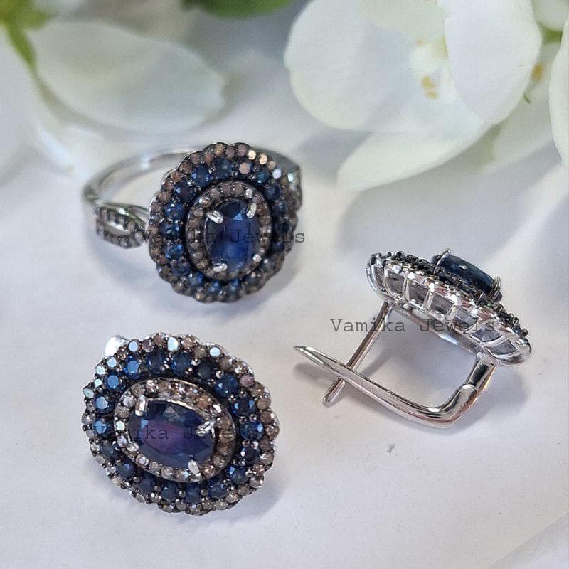 Natural Sapphire Diamond Halo Ring and Earring Set, 925 Sterling Silver, Anniversary Gift