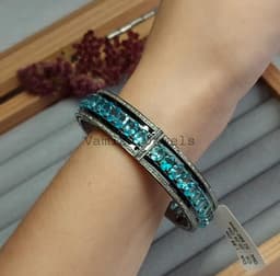 Natural Apatite & Diamond Bangle Bracelet, 925 Sterling Silver Black Enamel Statement Jewelry thumbnail 5