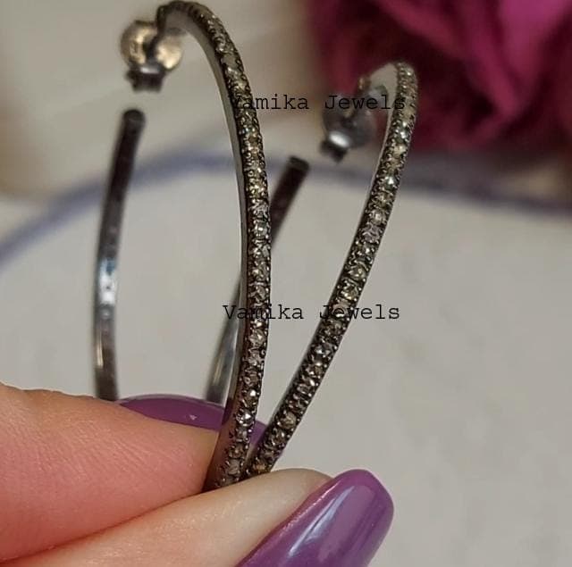 Handmade Pave Diamond Hoop Earrings – Sterling Silver Rhodium Plated