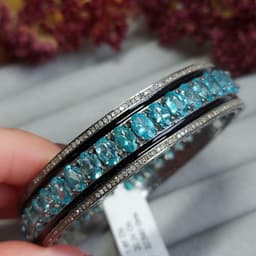 Natural Apatite & Diamond Bangle Bracelet, 925 Sterling Silver Black Enamel Statement Jewelry thumbnail 8