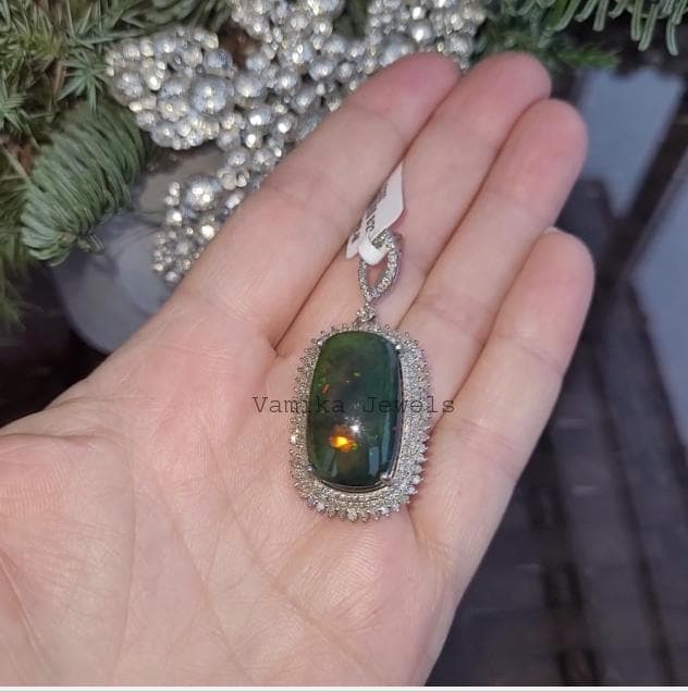 Natural Black Opal Diamond Halo Pendant, 925 Sterling Silver Handmade Anniversary Jewelry