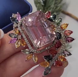 Vintage Floral Kunzite Brooch, Multi Sapphire Diamond Pin, Sterling Silver thumbnail 8