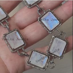 Natural Emerald Cut Moonstone & Diamond Necklace, 925 Sterling Silver Bridal Statement Jewelry thumbnail 3