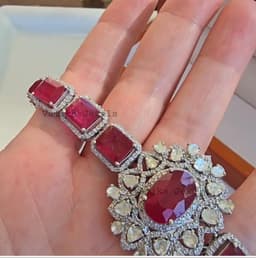 Natural Ruby Bracelet, 925 Sterling Silver Polik Pave Diamond Halo Statement Jewelry thumbnail 1