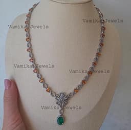 Natural Orange Sapphire Necklace, 925 Sterling Silver Emerald Diamond Multi Stone Jewelry thumbnail 7