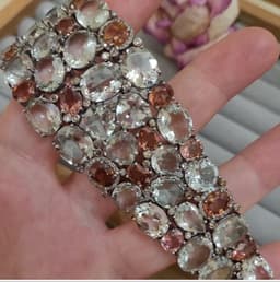 Natural Green Amethyst & Tourmaline Bracelet, Sterling Silver Diamond Multi Stone Wide Band Jewelry thumbnail 3
