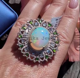Natural Fire Opal & Diamond Engagement Ring, 925 Sterling Silver Chrome Diopside Victorian Statement Jewelry thumbnail 5