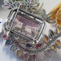 Vintage Floral Kunzite Brooch, Multi Sapphire Diamond Pin, Sterling Silver thumbnail 3