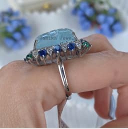Natural Carved Aquamarine Diamond Ring, 925 Sterling Silver Multi Stone Kyanite Emerald Cluster Jewelry thumbnail 3