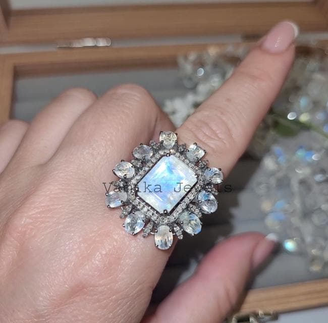Baguette Moonstone Diamond Halo Ring, Sterling Silver Anniversary Jewelry