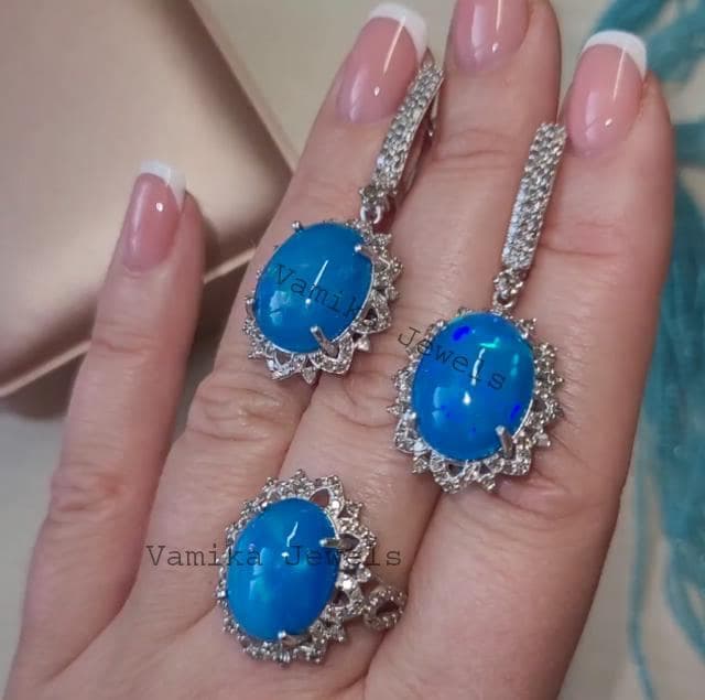 Natural Blue Opal Jewelry Set, Sterling Silver Ring & Earrings with Pave Diamond Halo