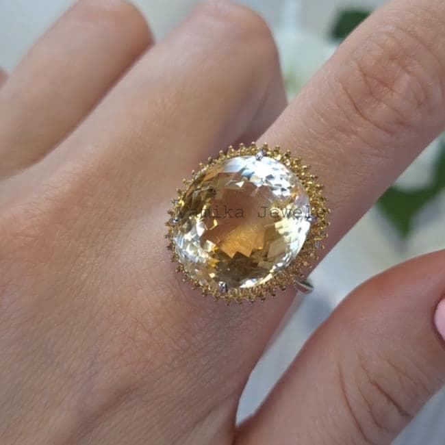Natural Citrine Engagement Ring, 925 Sterling Silver Yellow Sapphire Jewelry, Wedding Anniversary Gift