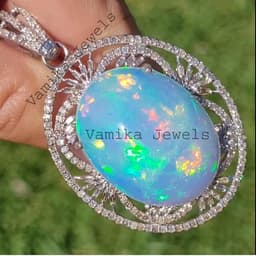 Natural Fire Opal & Diamond Pendant, Sterling Silver Halo October Birthstone Jewelry thumbnail 8