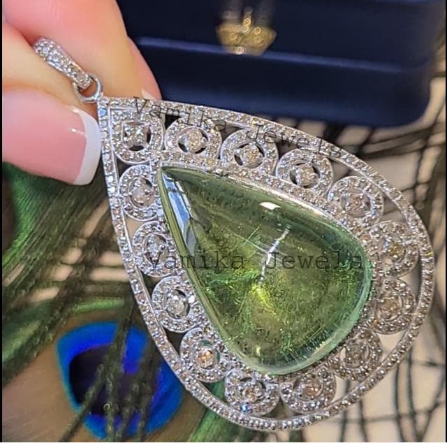 Natural Solitaire Green Tourmaline & Diamond Halo Pendant, Sterling Silver Teardrop Jewelry