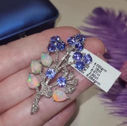 Fire Opal Brooch Pin, Sterling Silver Diamond Tanzanite Floral Brooch thumbnail 4