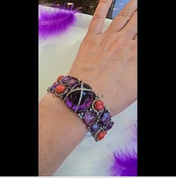 Natural Amethyst & Coral Bracelet, 925 Sterling Silver Diamond Multi Stone Wide Band Jewelry thumbnail 9