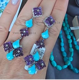 Natural Carved Amethyst Earrings, 925 Sterling Silver Turquoise Pave Diamond Dangle Statement Jewelry thumbnail 7