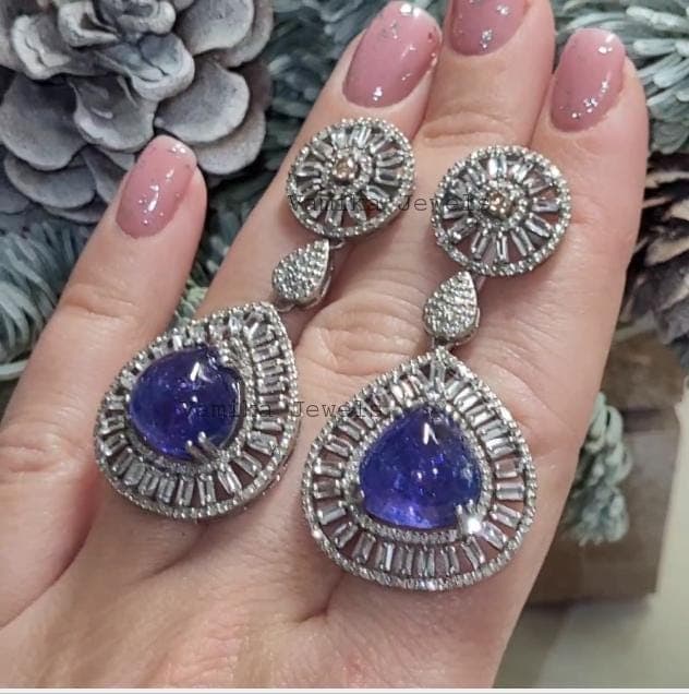 Natural Tanzanite Diamond Dangle Earrings, 925 Sterling Silver Handmade Luxury Gemstone Jewelry