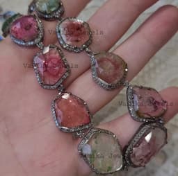 Natural Multi Tourmaline & Diamond Necklace, Handmade 925 Sterling Silver Bridal Wedding Statement Jewelry thumbnail 8