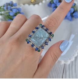 Natural Carved Aquamarine Diamond Ring, 925 Sterling Silver Multi Stone Kyanite Emerald Cluster Jewelry thumbnail 8