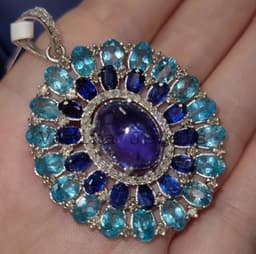 Natural Tanzanite Halo Pendant, Sterling Silver Kyanite Apatite Diamond Multi-Stone Cluster Jewelry thumbnail 7