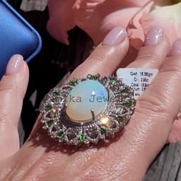Natural Fire Opal & Diamond Engagement Ring, 925 Sterling Silver Chrome Diopside Victorian Statement Jewelry thumbnail 1