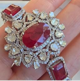 Natural Ruby Bracelet, 925 Sterling Silver Polik Pave Diamond Halo Statement Jewelry thumbnail 3