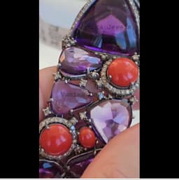 Natural Amethyst & Coral Bracelet, 925 Sterling Silver Diamond Multi Stone Wide Band Jewelry thumbnail 1