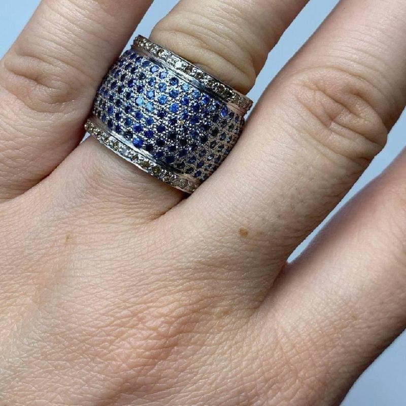 Natural Sapphire Cluster Ring, 925 Sterling Silver Pave Diamond Engagement Wedding Jewelry