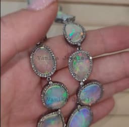 Natural Fire Opal & Diamond Necklace, Sterling Silver Bridal Wedding Jewelry, Elegant Statement Piece thumbnail 8