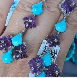Natural Carved Amethyst Earrings, 925 Sterling Silver Turquoise Pave Diamond Dangle Statement Jewelry thumbnail 4