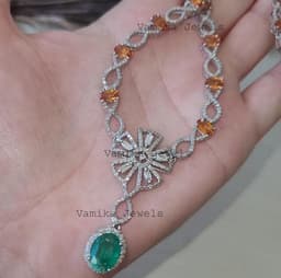 Natural Orange Sapphire Necklace, 925 Sterling Silver Emerald Diamond Multi Stone Jewelry thumbnail 5