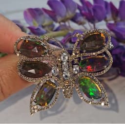 Natural Black Opal Butterfly Brooch, 925 Sterling Silver Aquamarine Diamond Statement Jewelry, Anniversary Gift thumbnail 1