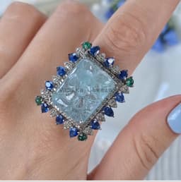 Natural Carved Aquamarine Diamond Ring, 925 Sterling Silver Multi Stone Kyanite Emerald Cluster Jewelry thumbnail 4