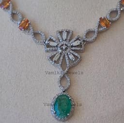 Natural Orange Sapphire Necklace, 925 Sterling Silver Emerald Diamond Multi Stone Jewelry thumbnail 6