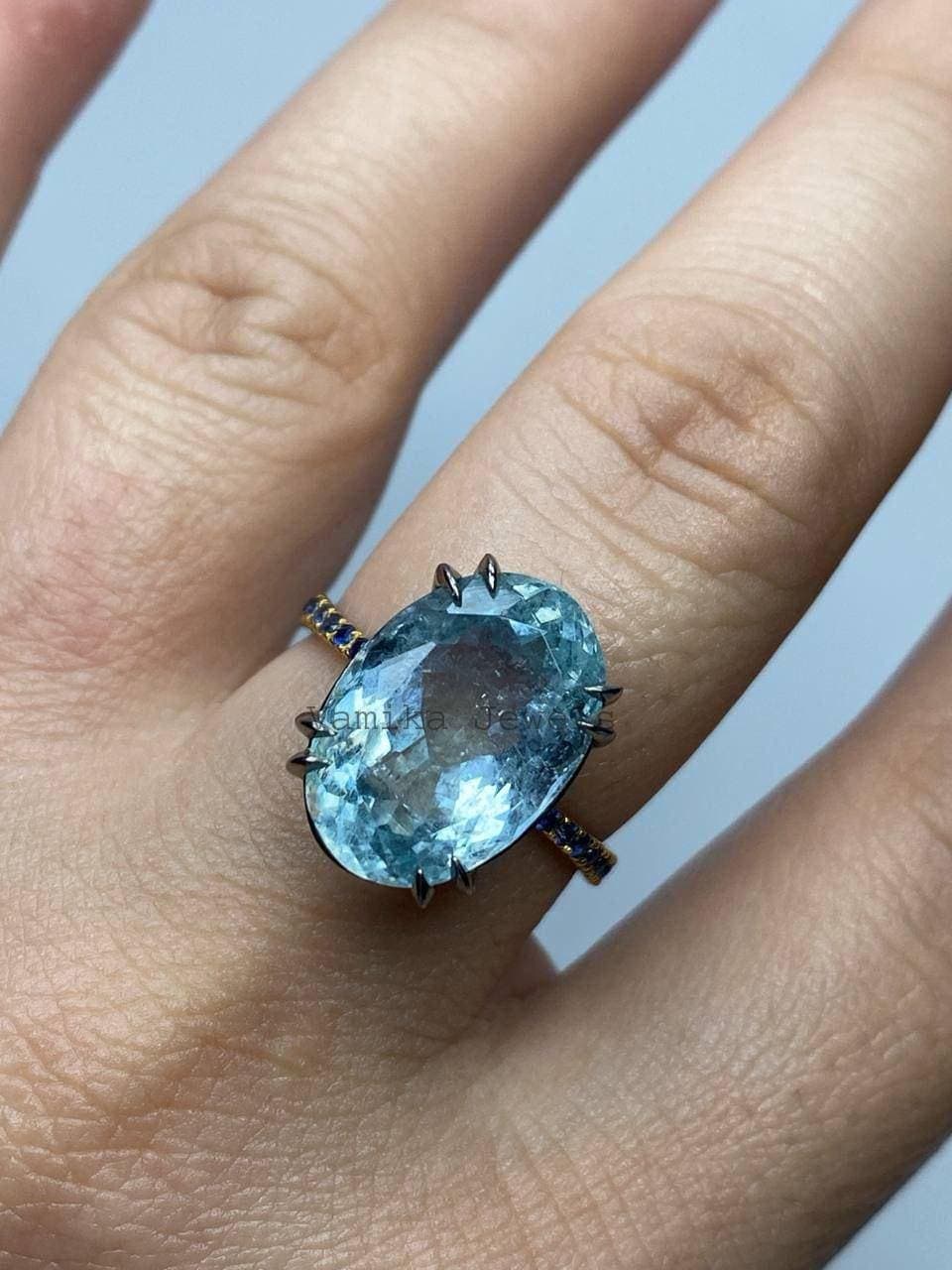 Natural Aquamarine Ring, Gold Plated 925 Sterling Silver Sapphire Multi Stone Statement Jewelry