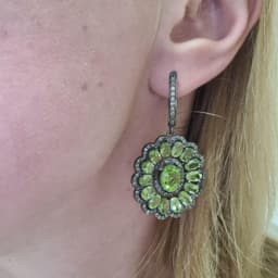 Handmade Chrysolite Jewelry Set, Sterling Silver Ring and Earrings with Pave Diamond Halo Design thumbnail 9