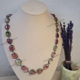 Natural Multi Tourmaline & Diamond Necklace, Handmade 925 Sterling Silver Bridal Wedding Statement Jewelry thumbnail 4