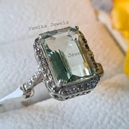 Natural Prasiolite Sterling Silver Ring, Pave Diamond Green Stone Statement Jewelry thumbnail 6