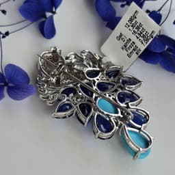 Natural Turquoise Kyanite Brooch, 925 Sterling Silver Emerald Diamond Multi Stone Cluster Bird Jewelry thumbnail 1