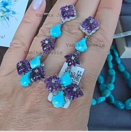 Natural Carved Amethyst Earrings, 925 Sterling Silver Turquoise Pave Diamond Dangle Statement Jewelry thumbnail 2