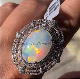 Natural Fire Opal Pave Diamond Ring, Sterling Silver Cocktail Statement Jewelry thumbnail 7