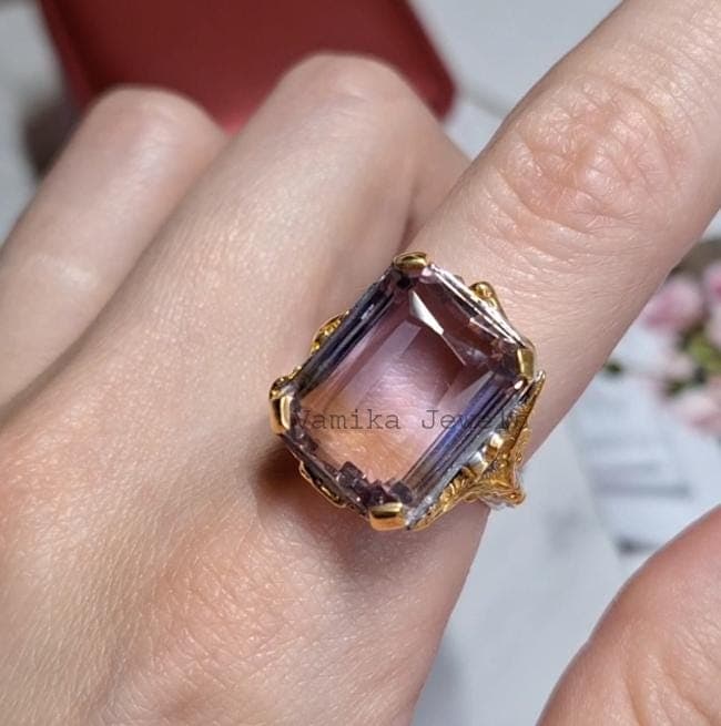 Natural Ametrine Cocktail Ring, Gold Plated 925 Sterling Silver Statement Jewelry