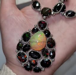Fire Opal Black Opal Diamond Necklace - Sterling Silver Bridal Jewelry thumbnail 6