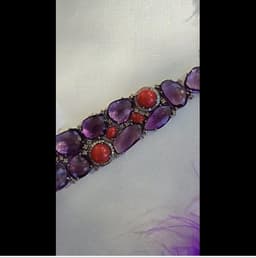 Natural Amethyst & Coral Bracelet, 925 Sterling Silver Diamond Multi Stone Wide Band Jewelry thumbnail 6