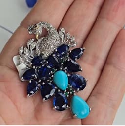 Natural Turquoise Kyanite Brooch, 925 Sterling Silver Emerald Diamond Multi Stone Cluster Bird Jewelry thumbnail 6